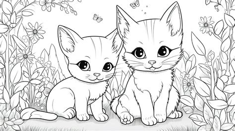 Two Cute Kittens Are Sitting In A Flower Field Coloring Pages ...