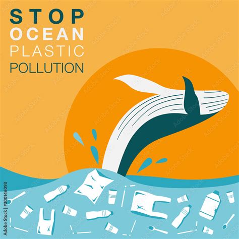 Stop ocean plastic pollution. Ecological poster with lettering. Whale jumping out of water full ...