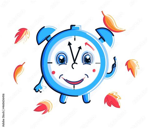 Daylight saving time fall back concept. Cartoon clock character with autumn leaves. Vector flat ...