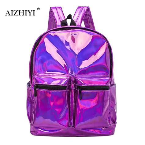 Women Men Patent Leather Backpack Large Capacity Laser Shoulder Travel Backapck Girls Teenage ...