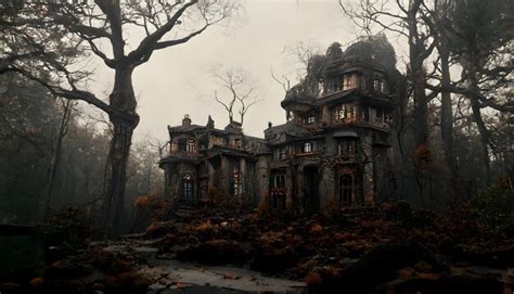 Premium Photo | Spooky haunted mansion in black leafless forest neural ...