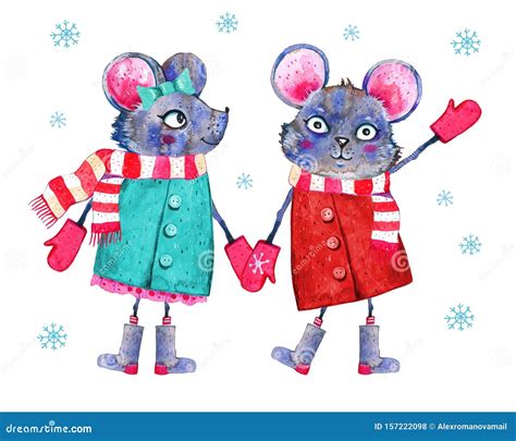 Cartoon Mouse Characters Couple. Hand Drawn Watercolor Illustration Stock Illustration ...