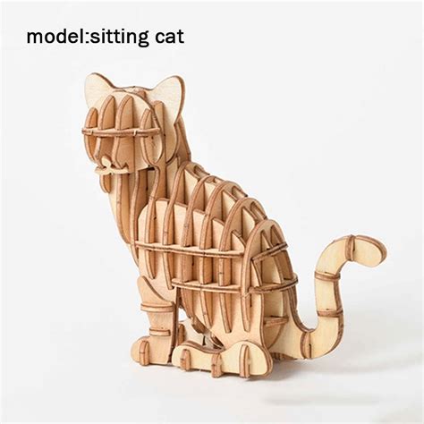 Animal Model Wooden 3D Puzzle Sitting Cat Jigsaw 3D Puzzles Wooden Animal Model Self Assembly ...