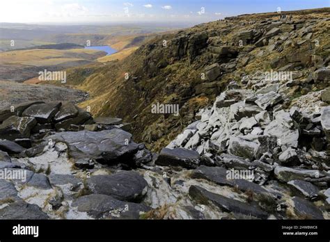 A frozen Kinder Downfall waterfall, Kinder Scout, Pennine Way, Peak District National Park ...