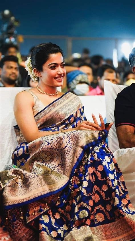 Rashmika Mandanna aces her traditional look in a navy blue pattu saree at "Pushpa" success party ...