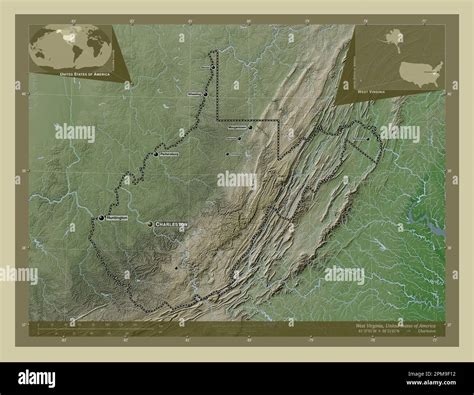 West Virginia, state of United States of America. Elevation map colored in wiki style with lakes ...