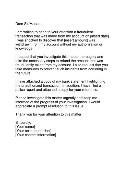 Fraud Transaction Complaint Letter to Bank | Forms - Docs - 2023