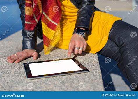 Person Using Blank Screen Tablet Stock Image - Image of outdoors, screen: 80538473
