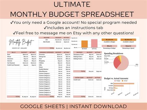 Monthly Budget Spreadsheet Google Sheets Monthly Budget - Etsy Australia