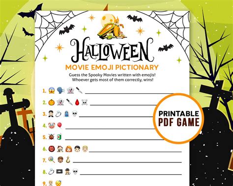 Horror Movies Emoji Pictionary Game Halloween Party Printable Activity for Kids, Teens & Adults ...