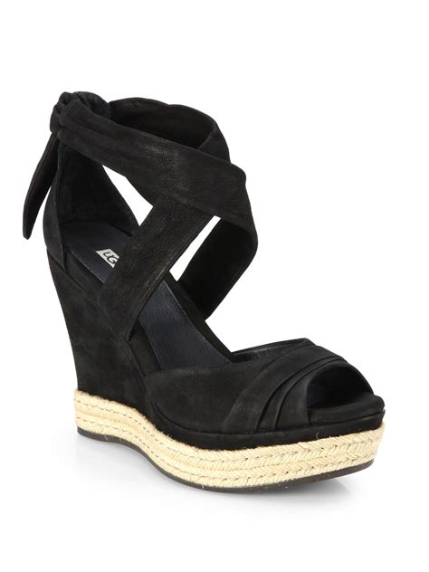 Ugg Lucy Suede Tie-Up Wedge Sandals in Black | Lyst