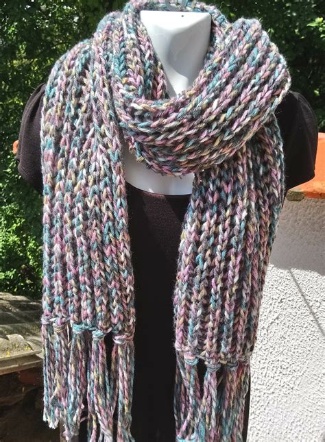 Hand knit chunky scarf - Cosy Brioche stitch scarf - Chunky knit grey multi coloured scarf with ...