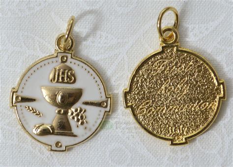 First Holy Communion White Enamelled Gold Tone Medal Pendant 20mm