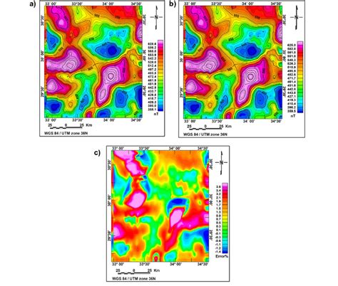 (a) Observed magnetic anomaly. (b) Calculated magnetic anomaly. (c ...