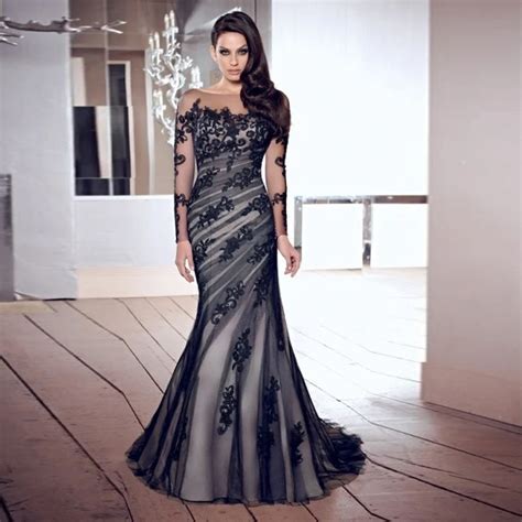 Elegant long black evening dress robe mermaid Prom Dresses long sleeve ...