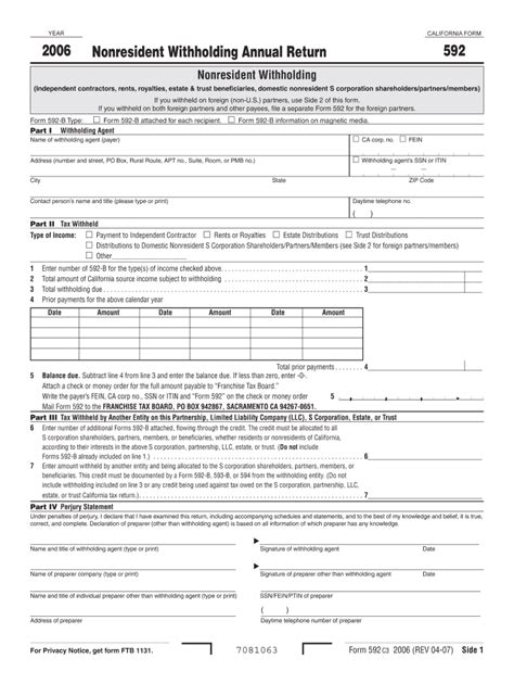 Fillable Online ftb ca Form 592 - 2006 Nonresident Withholding Annual Return. 2006 California ...