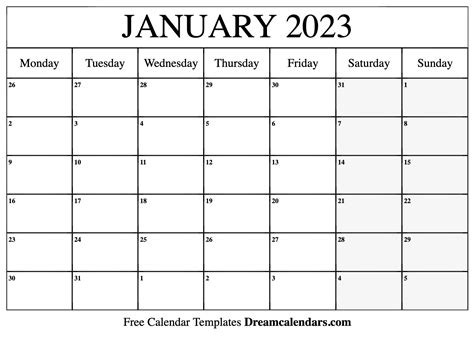 January 2023 Calendar - Free Printable with Holidays and Observances