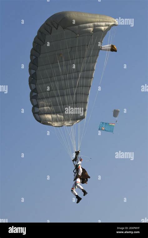 Akash Ganga, Skydiving team seen skydiving during the 88th Air Force Day parade at Hindon air ...