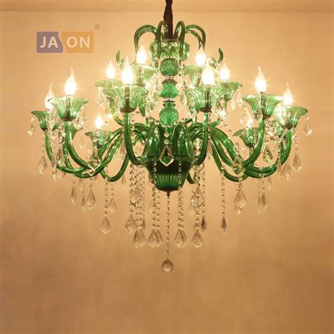 led e14 European Iron Crystal Glass Green Chandelier Lighting LED Lamp LED Ligh For Foyer ...