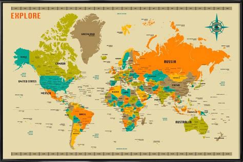 New World Map Poster in Standard Frame | JUNIQE UK