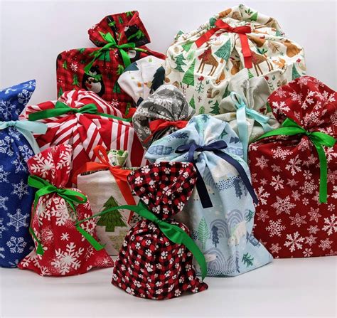 SET OF 12 Reusable Fabric Christmas Gift Bags With Ribbons, Reusable Holiday Gift Bag Set ...