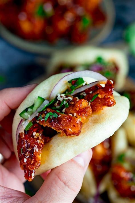 Korean Chicken Bao - foft and fluffy steamed mini bao buns filled with ...