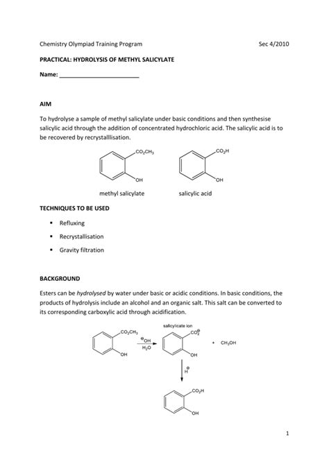 Hydrolysis of Methyl Salicylate