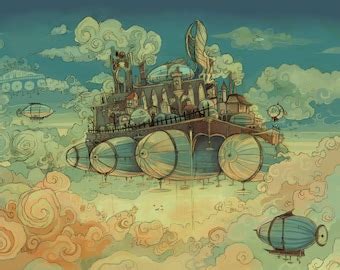 Pontoonia Skybase Steampunk Airship Illustration Poster | Etsy