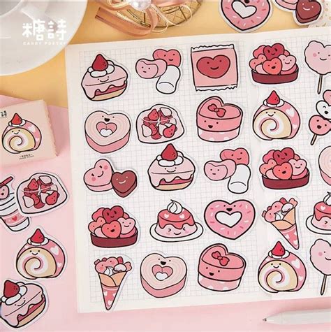 Kawaii love stickers - cute love dessert valentine's Stickers set - colourful heart stickers ...