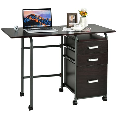 Gymax Folding Computer Laptop Desk Wheeled Home Office Furniture w/3 Drawers Brown | Walmart Canada