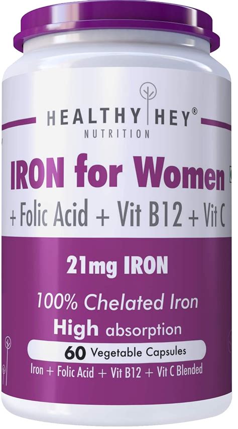 HealthyHey Iron Supplement for Women -100% Chelated - With Vitamin B12, Folic Acid & Vitamin C ...