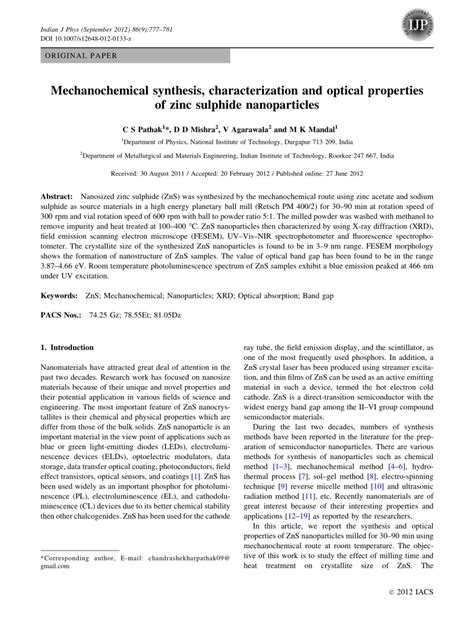 (PDF) Mechanochemical synthesis, characterization and optical properties of zinc sulphide ...