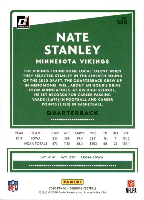 2020 Donruss #300 Nate Stanley Minnesota Vikings Rookie | eBay