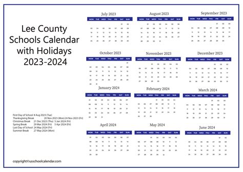 Lee County Schools Calendar with Holidays 2023-2024