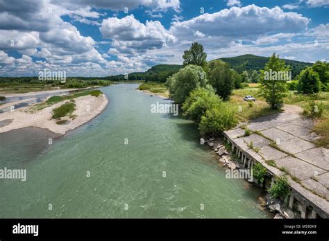 Prut river seen from highway bridge near Luzhany, Bukovina region ...