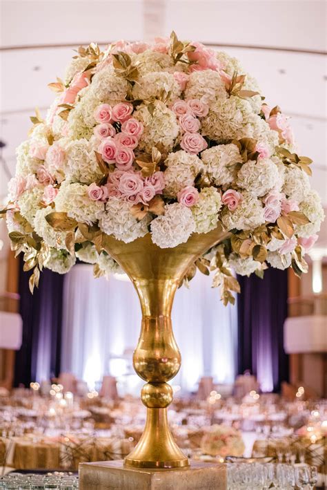 Gold Vase Centerpiece with Hydrangeas and Pink Roses Gold Vase ...