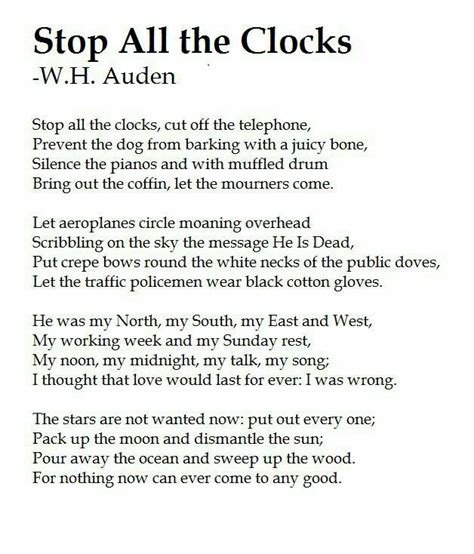 a poem written in black and white with the words'stop all the clocks