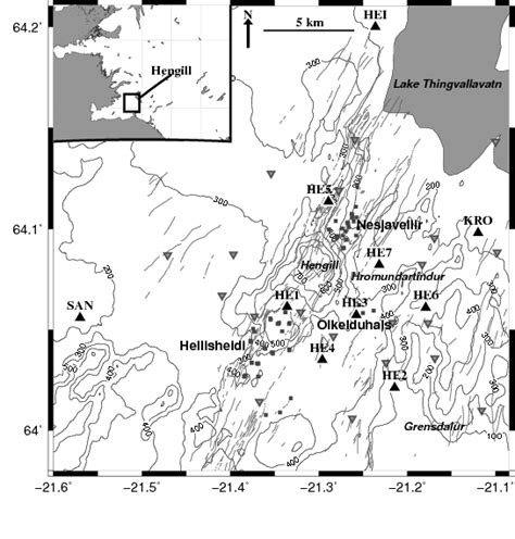 Topographic map of Hengill Volcano, Iceland, with the location of the ...