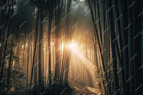 Premium AI Image | Bamboo forest at sunrise with the sun peeking through the trees