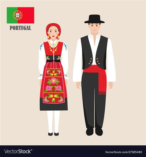 Portuguese in national dress with a flag. Man and woman in traditional costume. Travel to ...