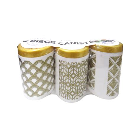 canister Set 3pc Coffee tea Sugar White with Gold Design & Gold Lid