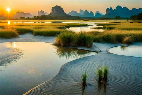 the sunrise over the li river, li river, china, landscape, nature, hd. AI-Generated 32586847 ...