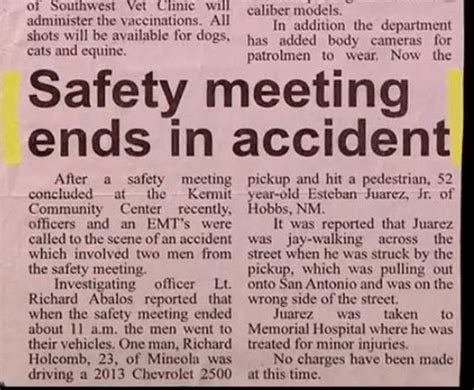 a newspaper article about safety meeting ends in accident