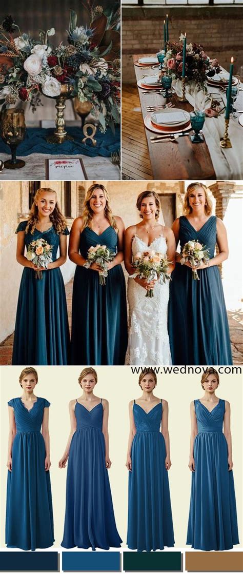 Ink blue mismatched chiffon long bridesmaid dresses wedding color ideas &inspirations #wedding # ...