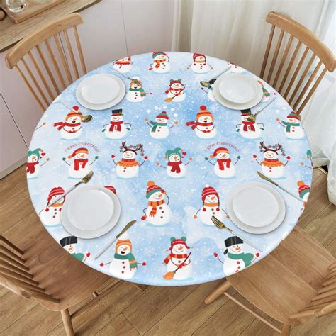 Amazon.com: KUOAICY Christmas Snowman Winter Snow Blue Round Fitted Tablecloth with Elastic ...