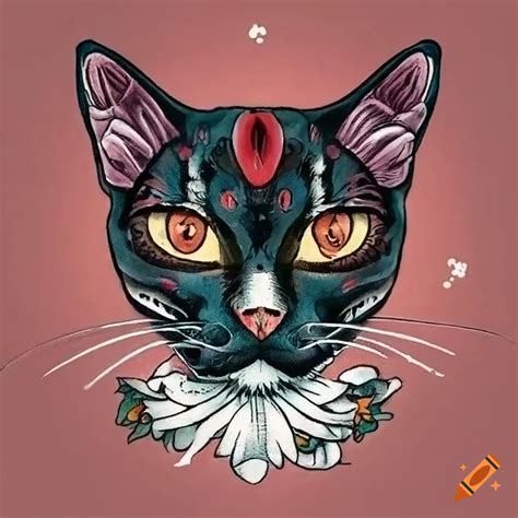 Traditional tattoo style three-eyed cat in black, white, and red on Craiyon