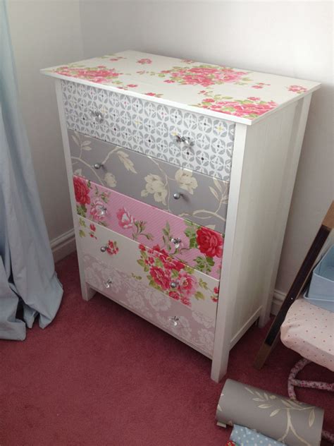 Chest of drawers makeover for my craft room. Scrap pieces of wallpaper ...