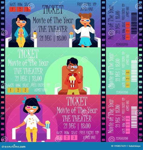 Set of Cinema Tickets for Children Movie with Kids Flat Vector ...