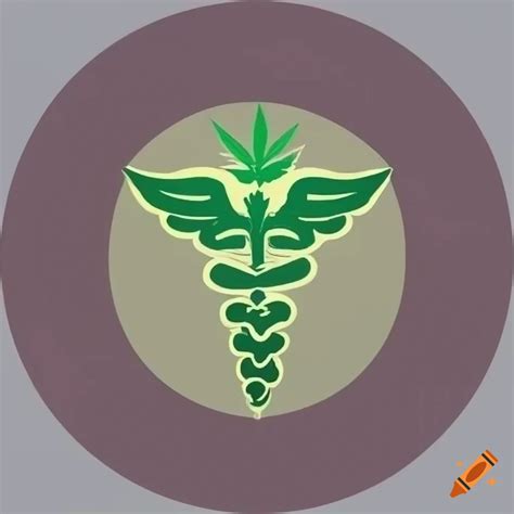 Circular logo of caduceus symbol with cannabis leaves