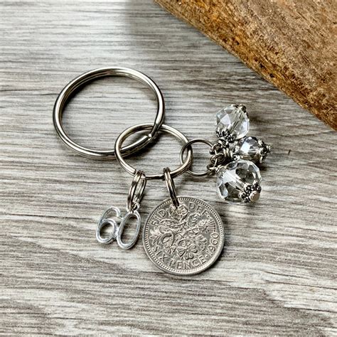 Diamond wedding anniversary gift, 60th Anniversary, Lucky 1960 sixpence keyring, Keychain or ...